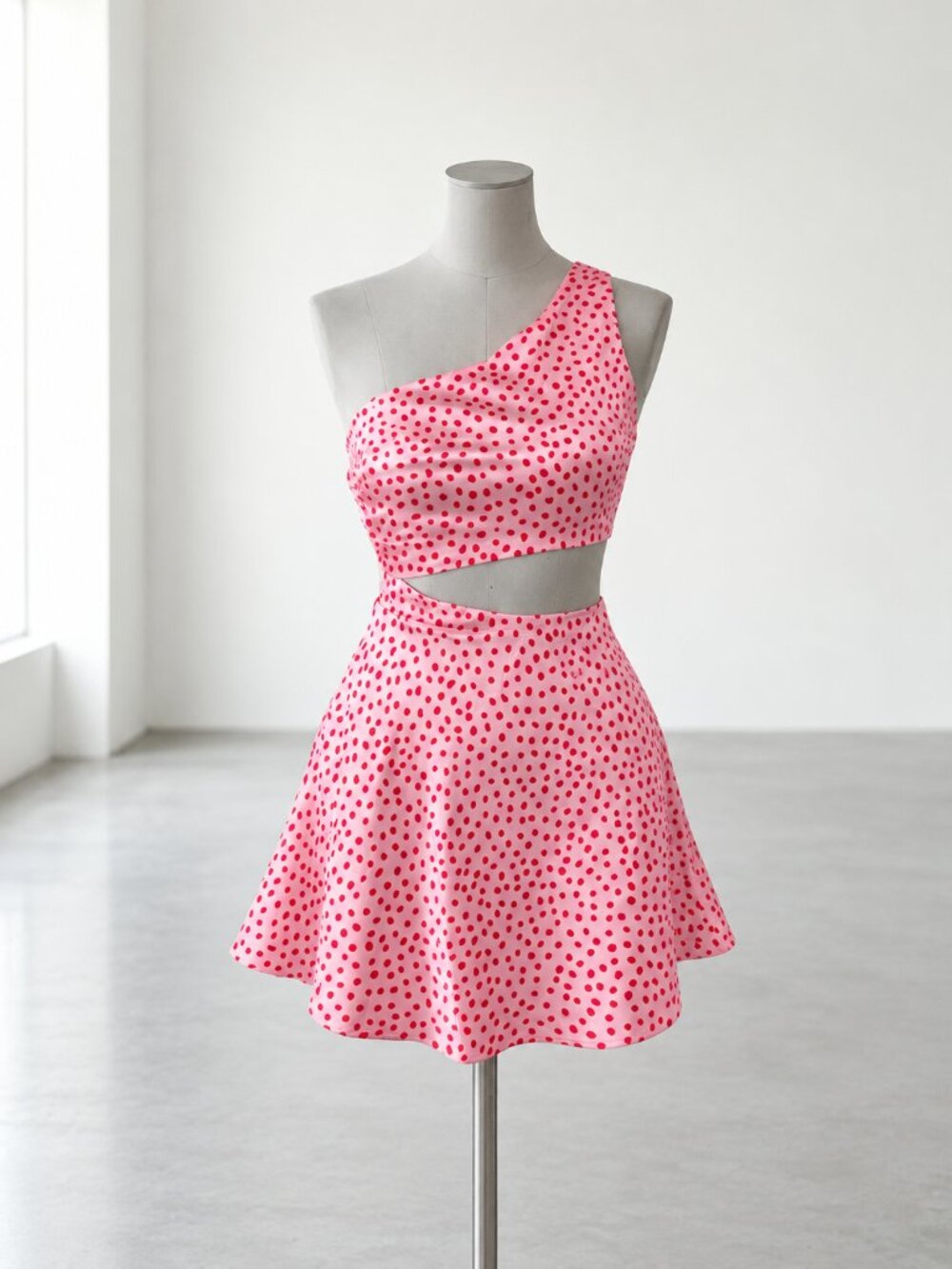 Pink Polka Dot Asymmetric Crop Top & Mini Skirt Set